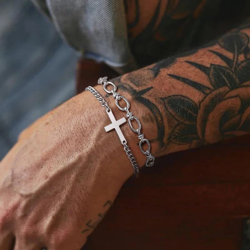 Herren- oder Damenarmband mit Kreuz und Gourmet-Kettengliedern Silber