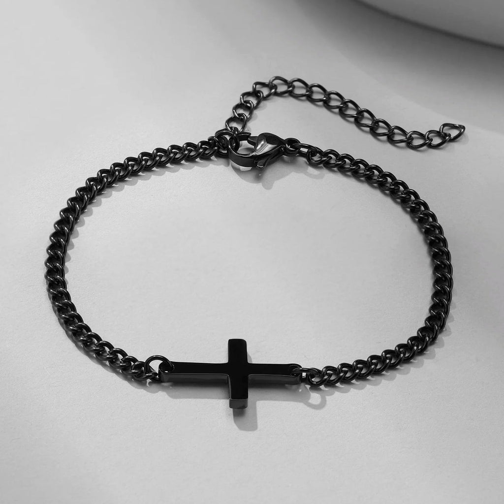 Herrenarmband mit Kreuz und Gourmet-Kettengliedern Schwarz