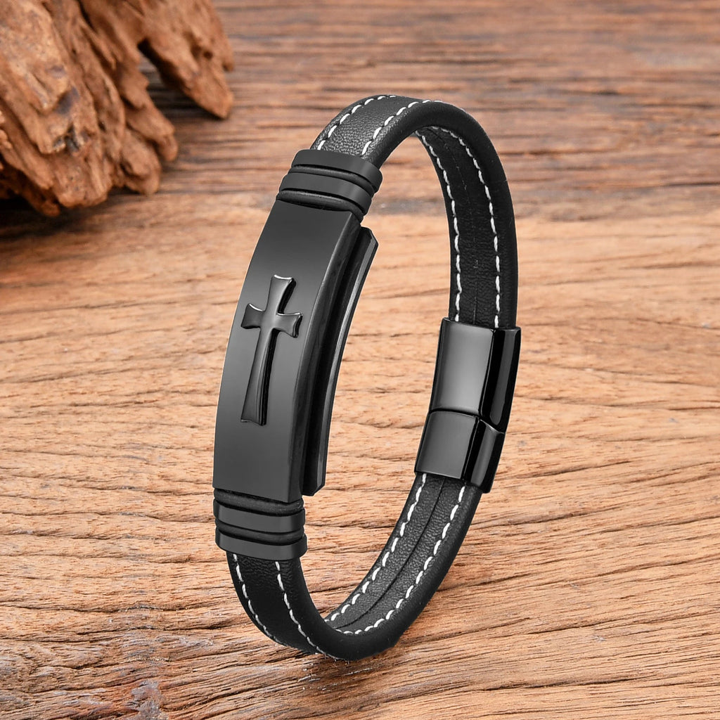 Schwarzes Lederkreuzarmband Stil a schwarz