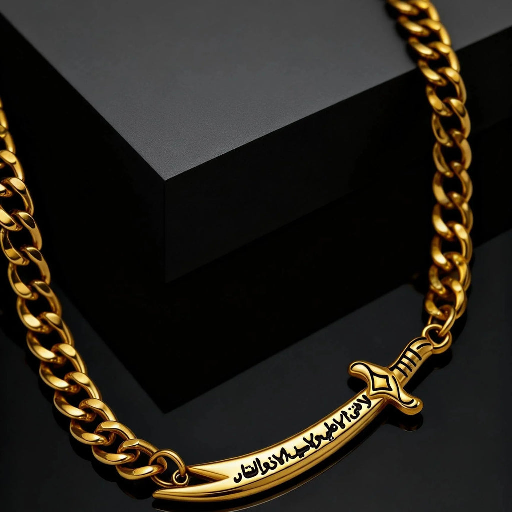 Kubanisches Herrenarmband mit arabischem Ali Zulfiqar Schwert in Gold