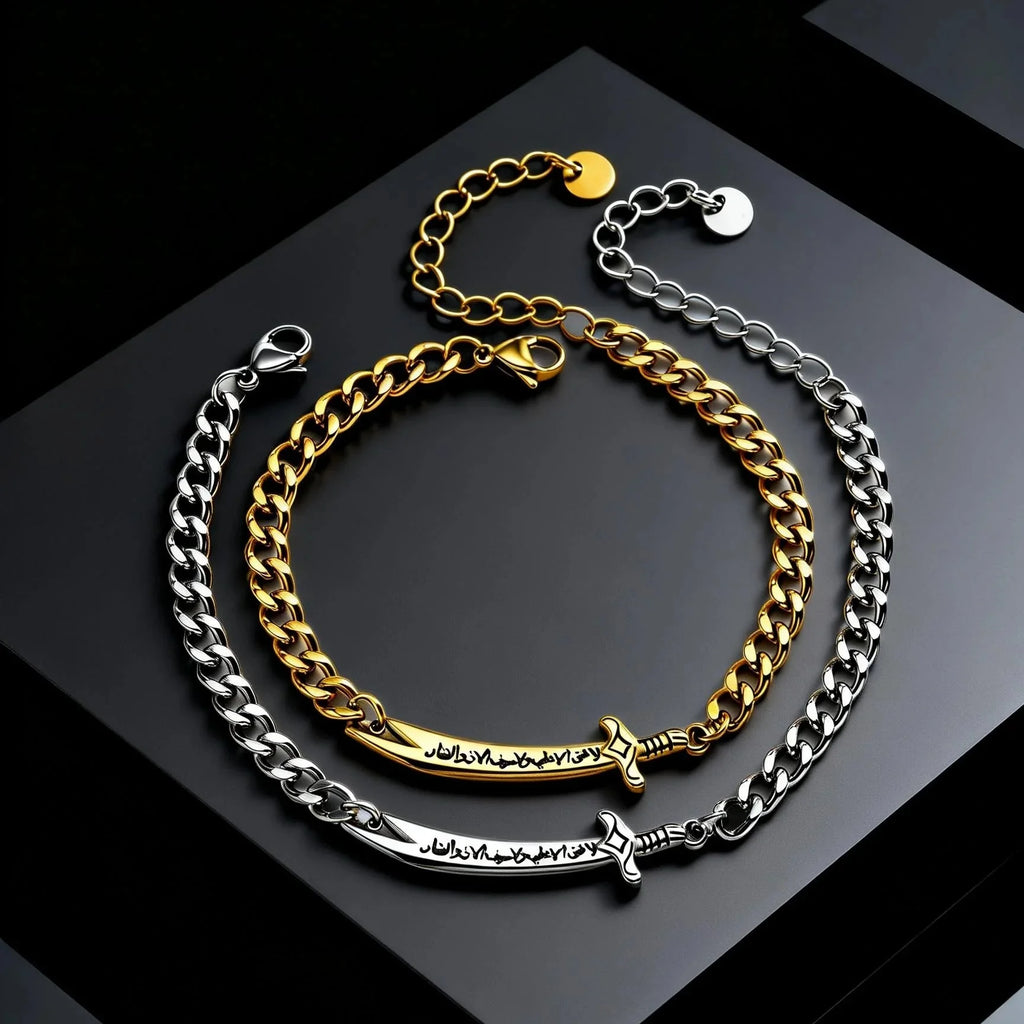 Kubanisches Herrenarmband mit arabischem Ali Zulfiqar Schwert in Silber
