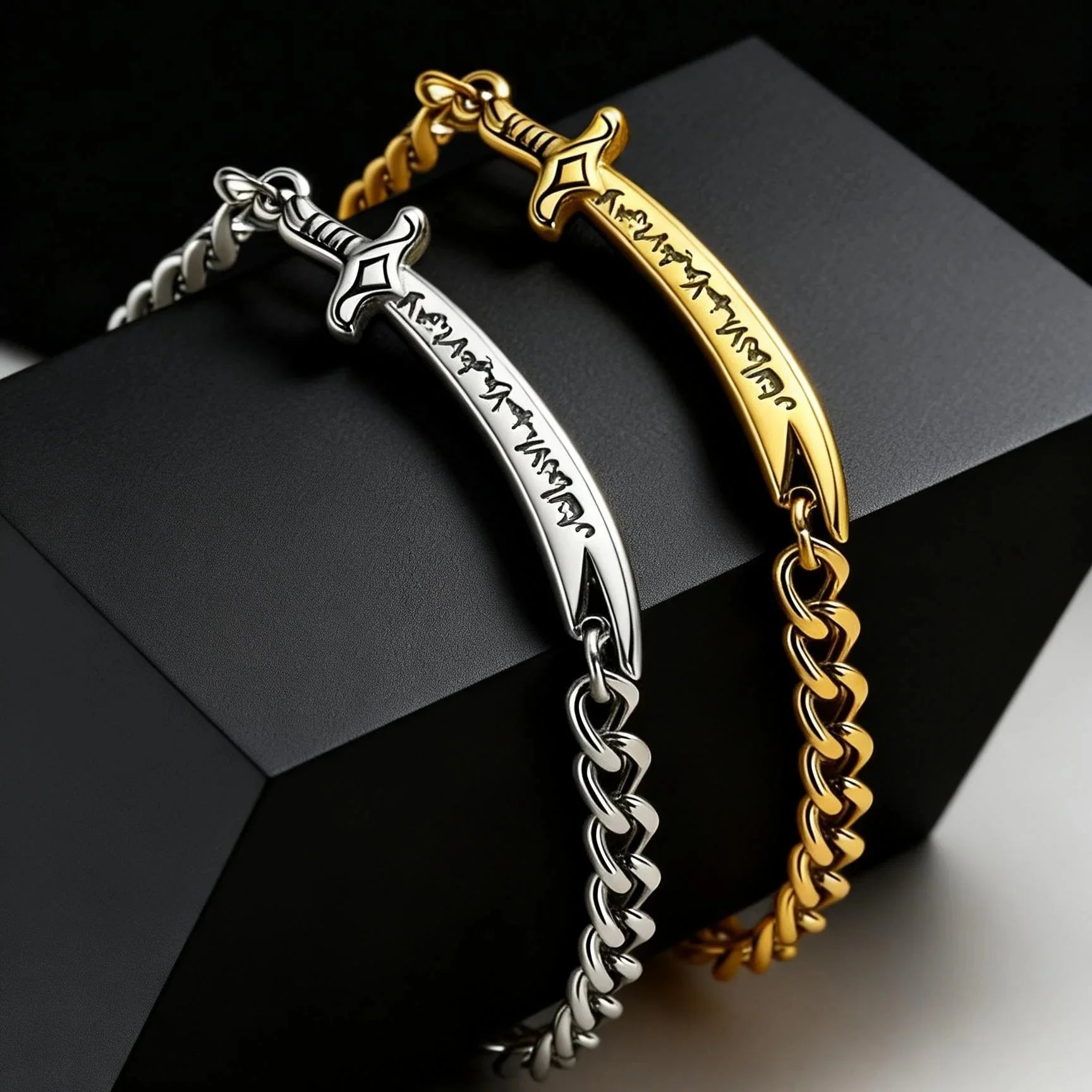 Kubanisches Herrenarmband mit arabischem Ali Zulfiqar Schwert in Gold