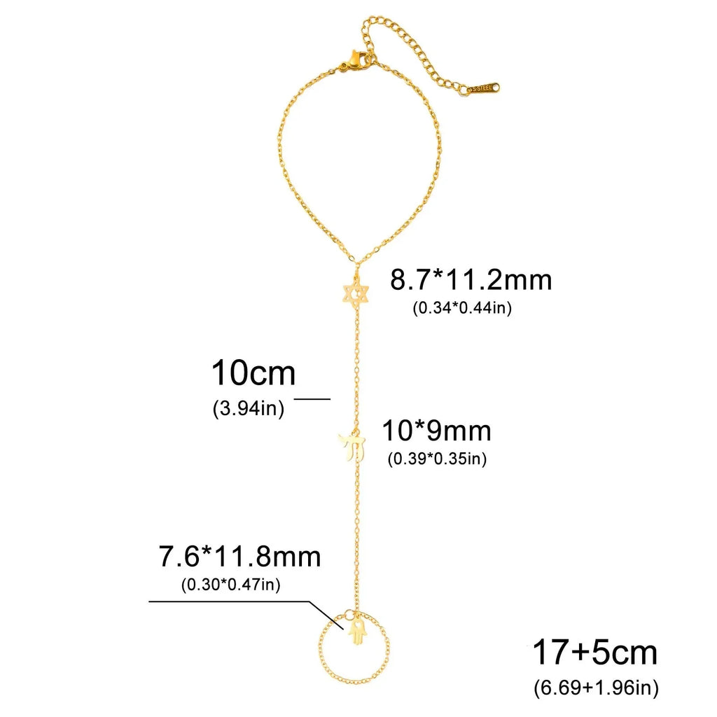 Hand- und Fingerarmband mit jüdischen Schutzanhängern Chai, <span data-glossary-id="">Davidstern</span> und Fatmas Hand <span data-glossary-id="">Stern</span> Gold