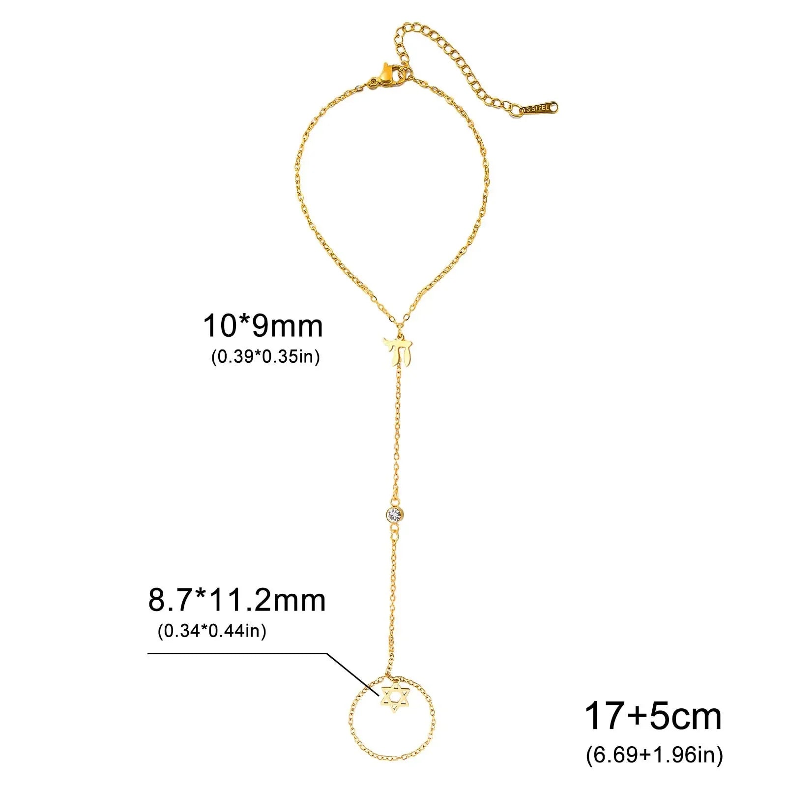 Hand- und Fingerarmband mit jüdischen Schutzanhängern Chai, <span data-glossary-id="">Davidstern</span> und Fatmas Hand Chai Gold