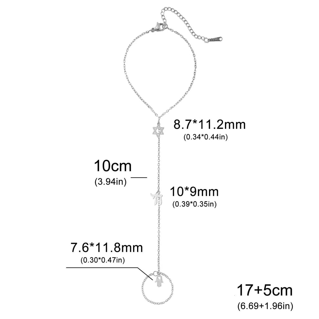 Hand- und Fingerarmband mit jüdischen Schutzanhängern Chai, <span data-glossary-id="">Davidstern</span> und Fatmas Hand <span data-glossary-id="">Stern</span> Silber