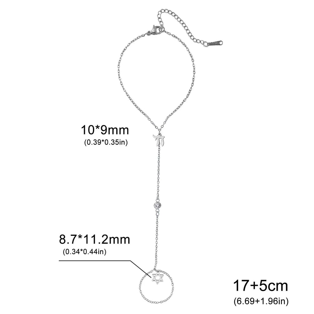 Hand- und Fingerarmband mit jüdischen Schutzanhängern Chai, <span data-glossary-id="">Davidstern</span> und Fatmas Hand Chai Silber