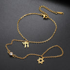 Hand- und Fingerarmband mit jüdischen Schutzanhängern Chai, <span data-glossary-id="">Davidstern</span> und Fatmas Hand Chai Gold