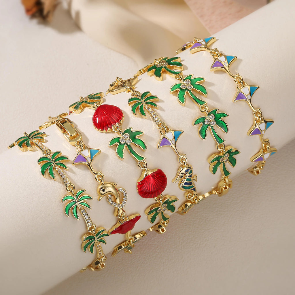 Armband mit Palmen aus grünem Emaille und roten Muscheln