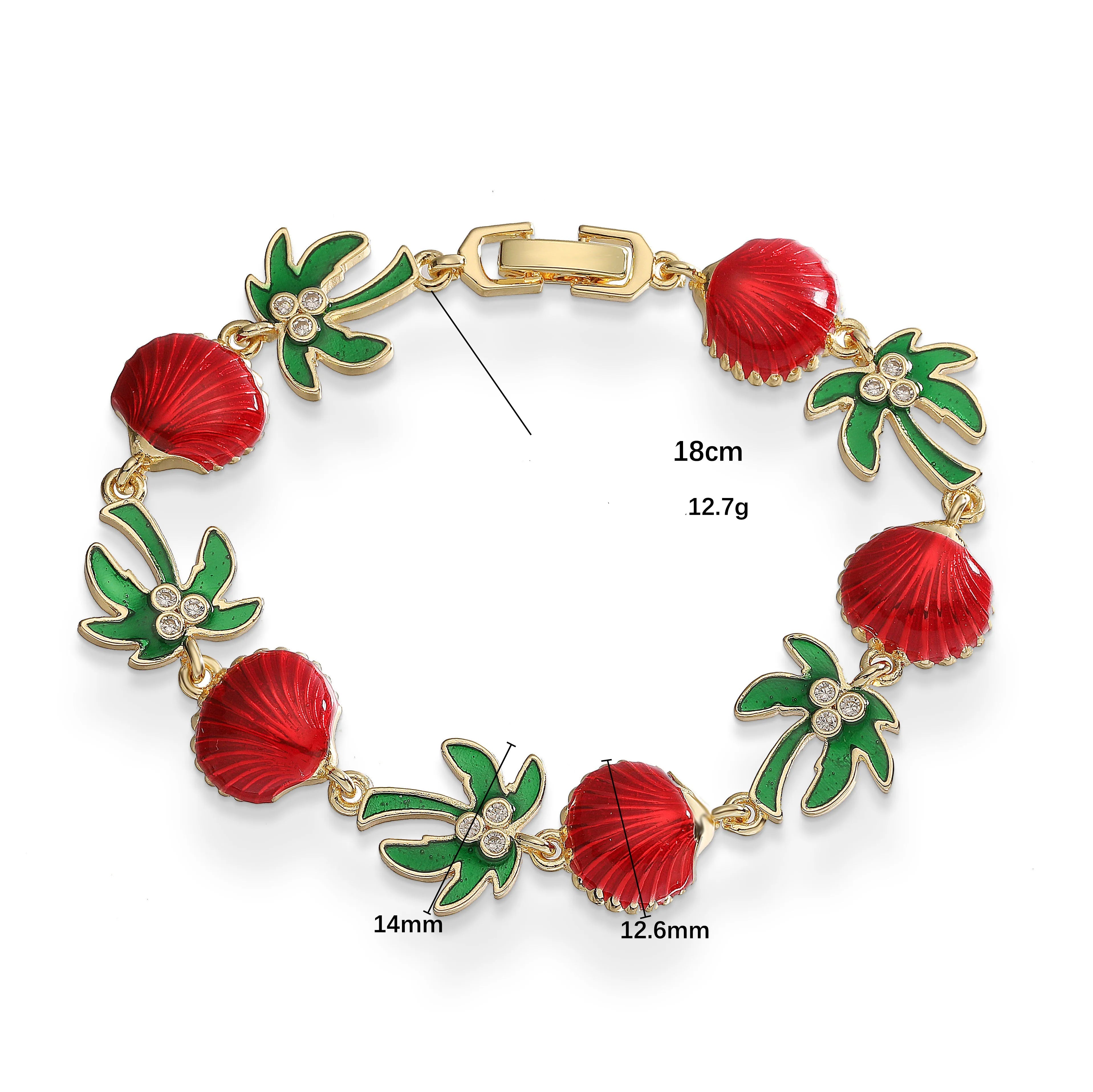 Armband mit Palmen aus grünem Emaille und roten Muscheln