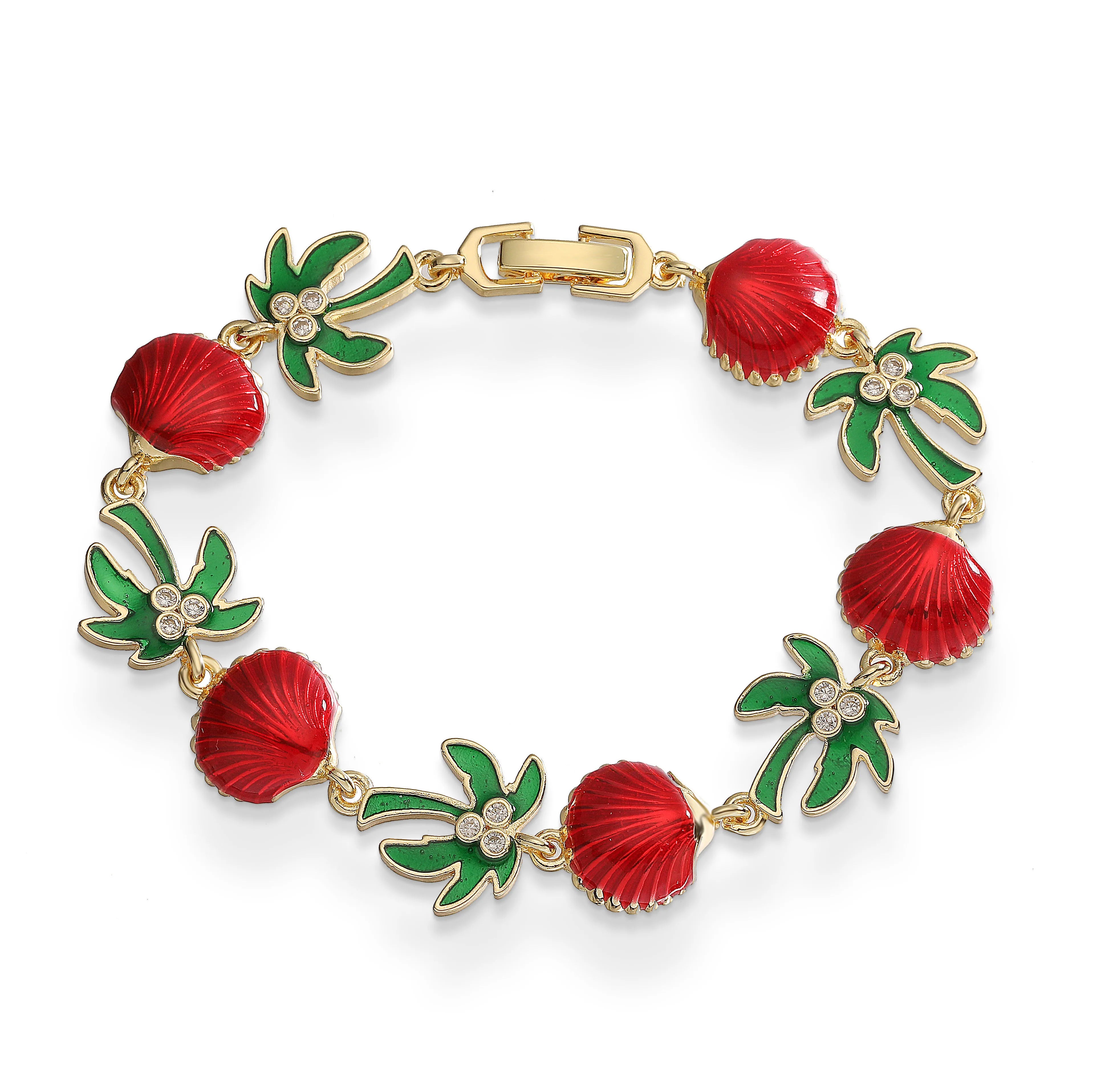Armband mit Palmen aus grünem Emaille und roten Muscheln