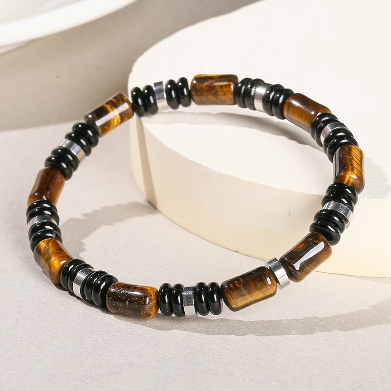 Elastisches Armband Dreifachschutz – Tigerauge, Onyx und Hämatit