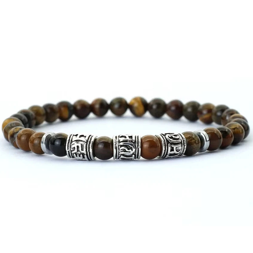 Buddhistisches Schutzarmband aus Tigeraugenperlen und gravierten Mantras