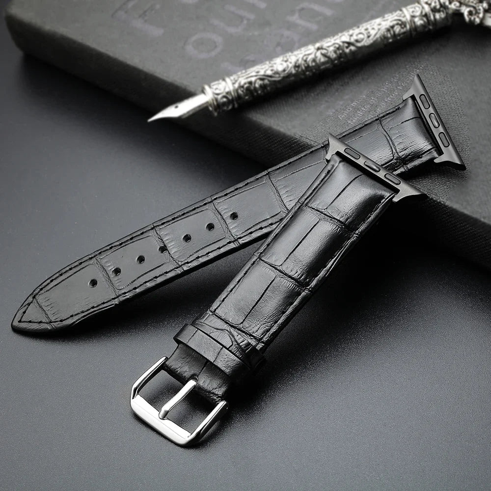 Ersatzarmband für die Apple Watch aus schwarzem Leder und Stahl