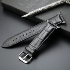 Ersatzarmband für die Apple Watch aus schwarzem Leder und Stahl