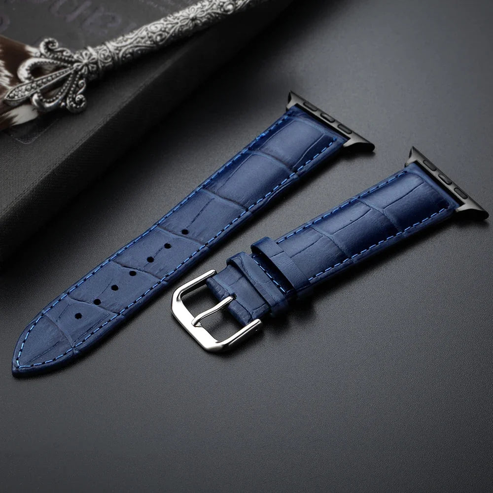 Ersatzarmband für die Apple Watch aus blauem Leder und Stahl