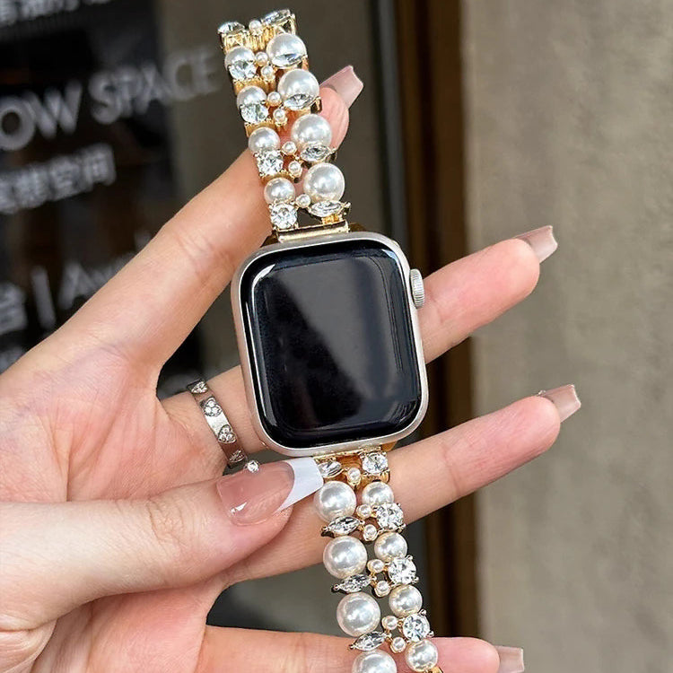 Ersatzarmband für die Apple Watch mit Strass und goldfarbenen Perlen und Perle