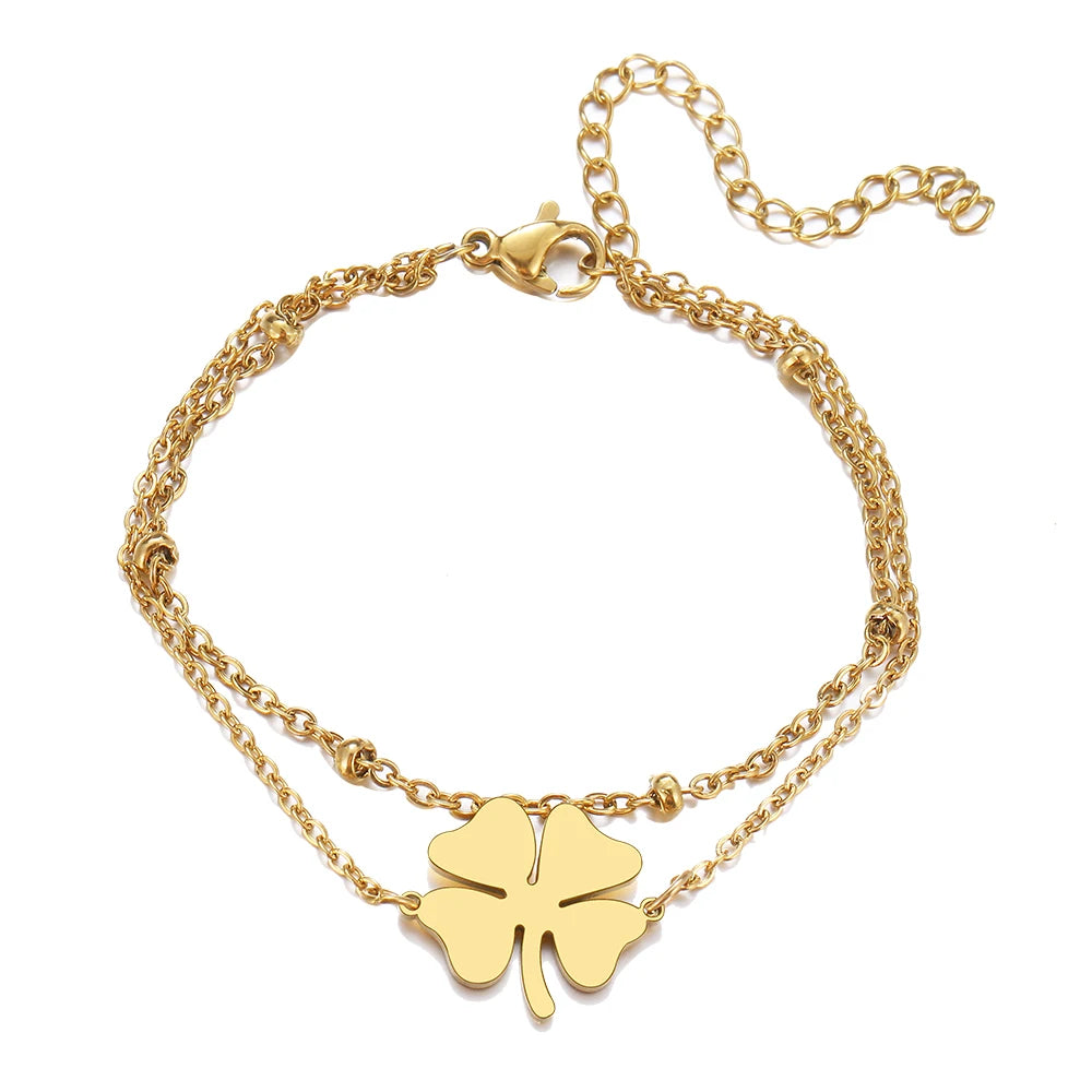 Doppelarmband mit vierblättrigem Kleeblatt in Gold