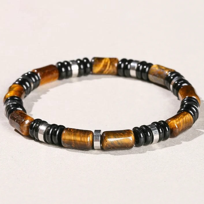 Elastisches Armband Dreifachschutz – Tigerauge, Onyx und Hämatit
