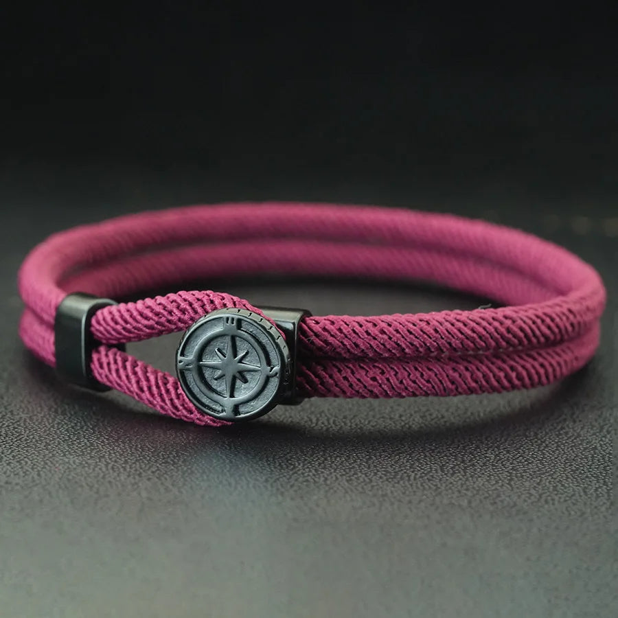 Seilarmband mit schwarzem Kompass Windrose bordeaux
