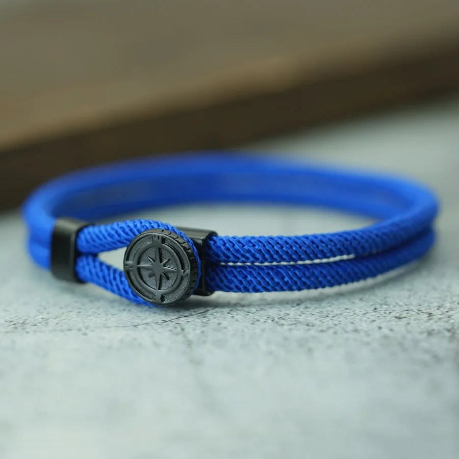 Seilarmband mit schwarzem Kompass Windrose königsblau