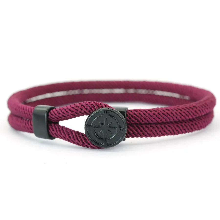 Seilarmband mit schwarzem Kompass Windrose bordeaux