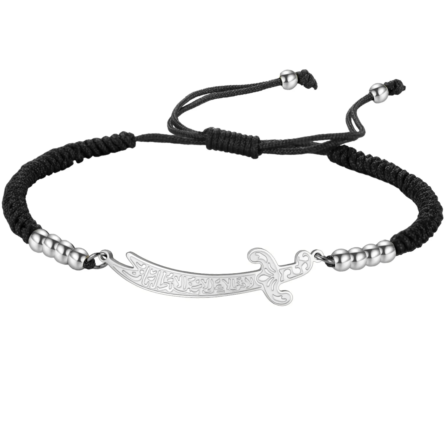 Seilarmband mit schwarzem arabischem Ali Zulfiqar Schwert aus Silber