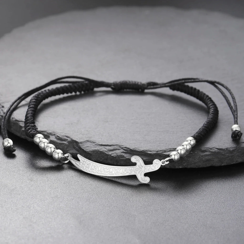 Seilarmband mit schwarzem arabischem Ali Zulfiqar Schwert aus Silber