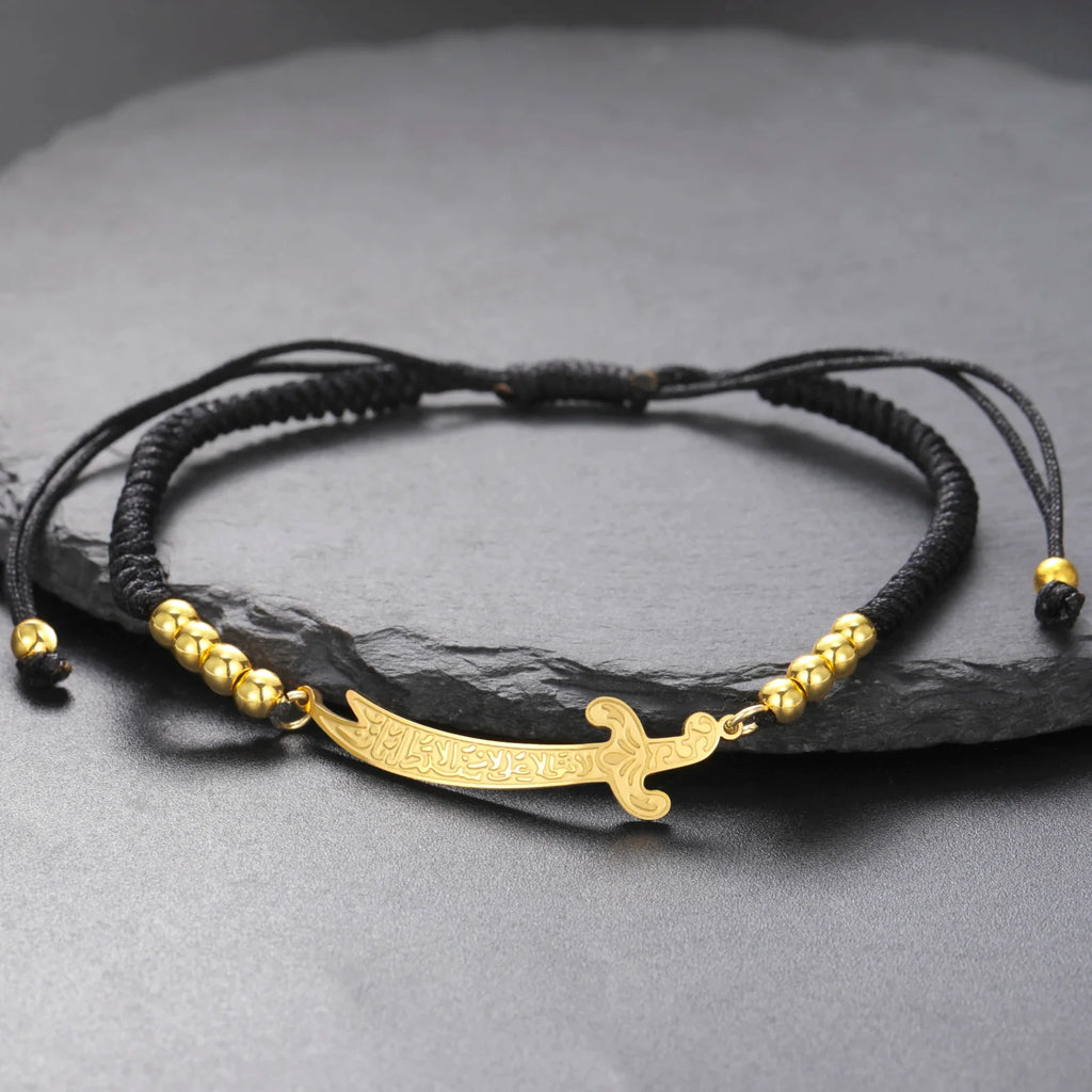 Seilarmband mit schwarzem arabischem Ali Zulfiqar Schwert aus Gold