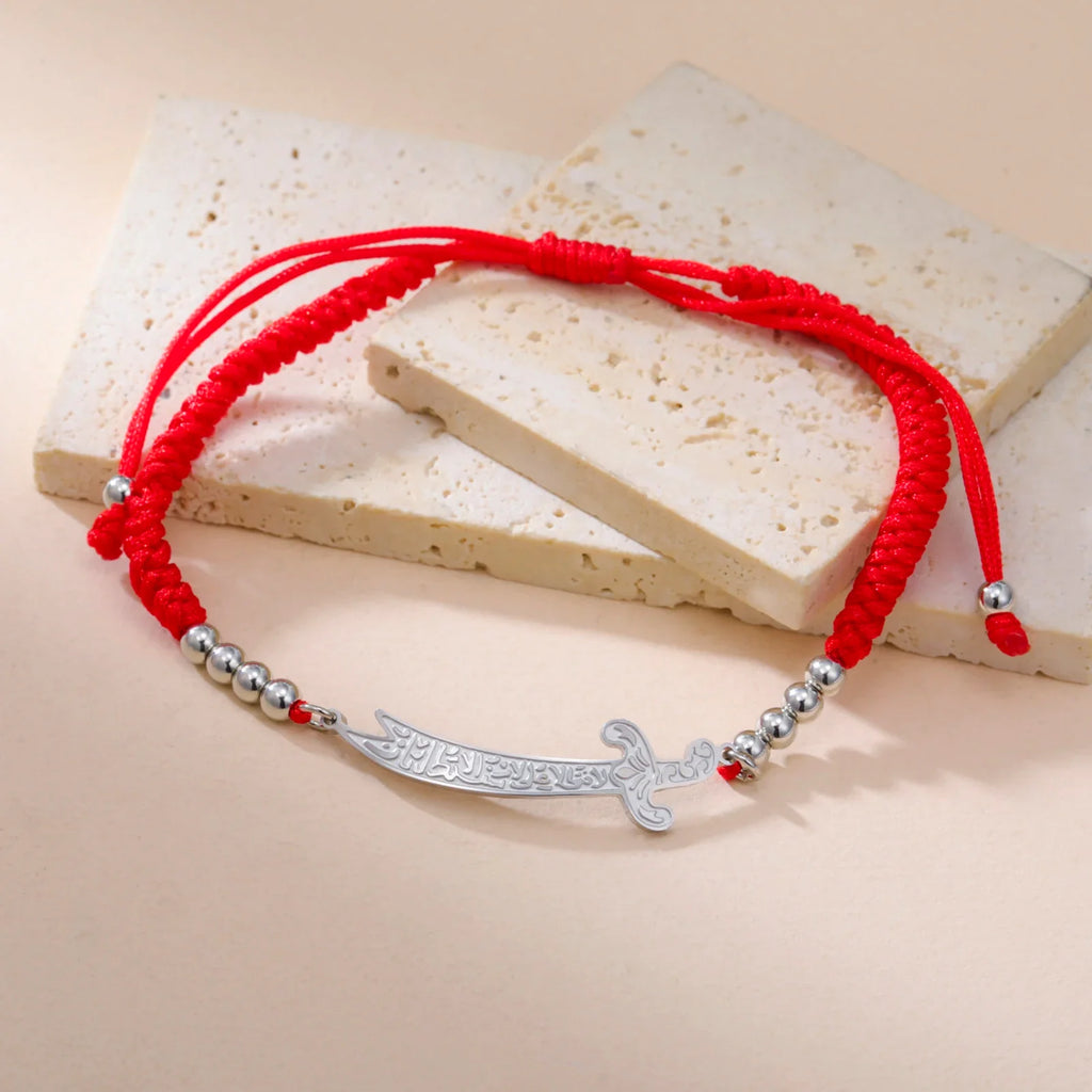 Seilarmband mit rotem arabischem Ali Zulfiqar Schwert aus Silber