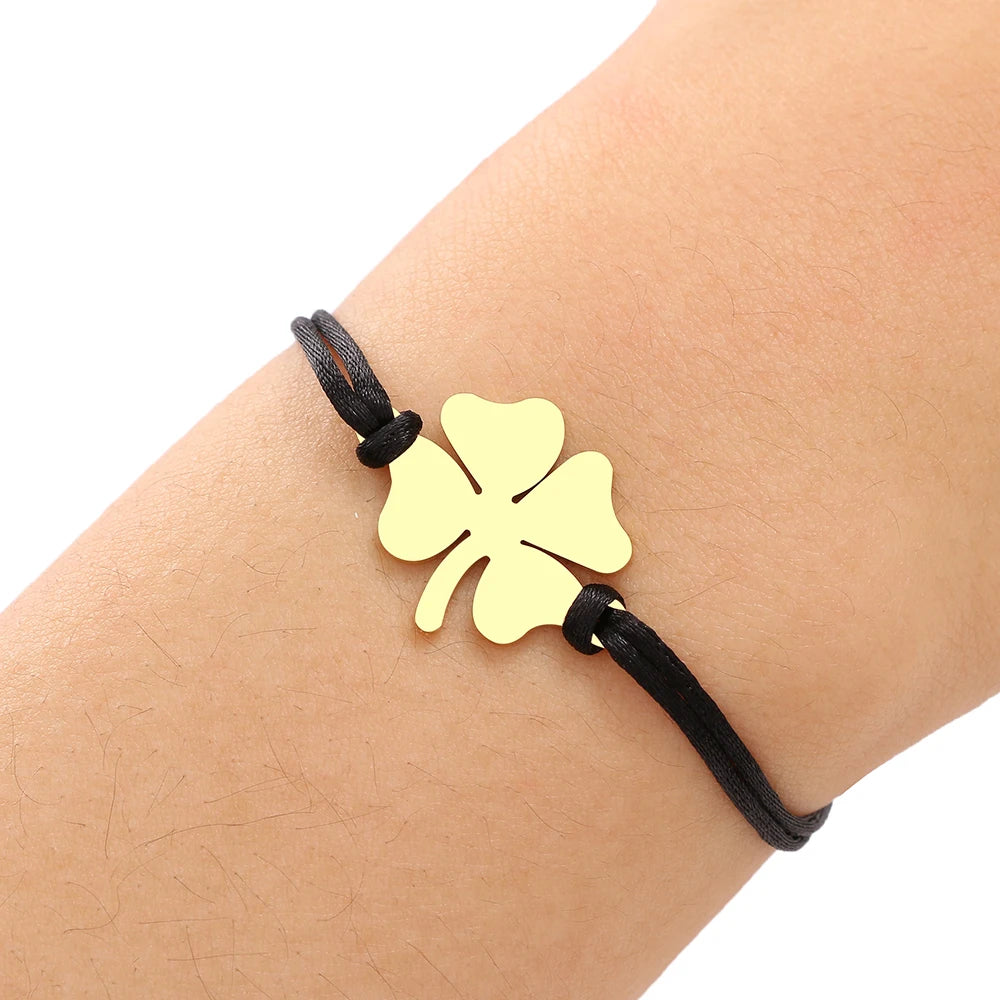 Seilarmband mit vierblättrigem Kleeblatt Glücksbringer schwarz und gold