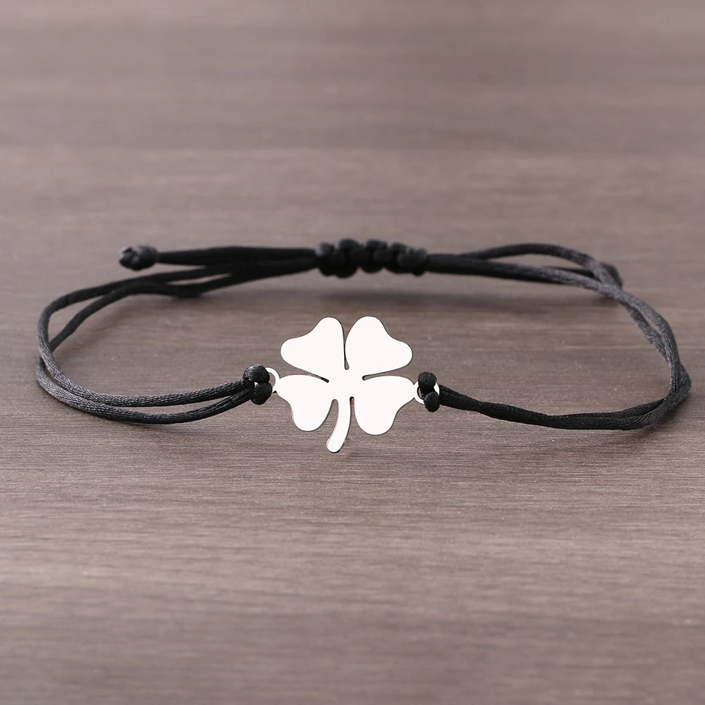 Seilarmband mit vierblättrigem Kleeblatt Glücksbringer schwarz und silber
