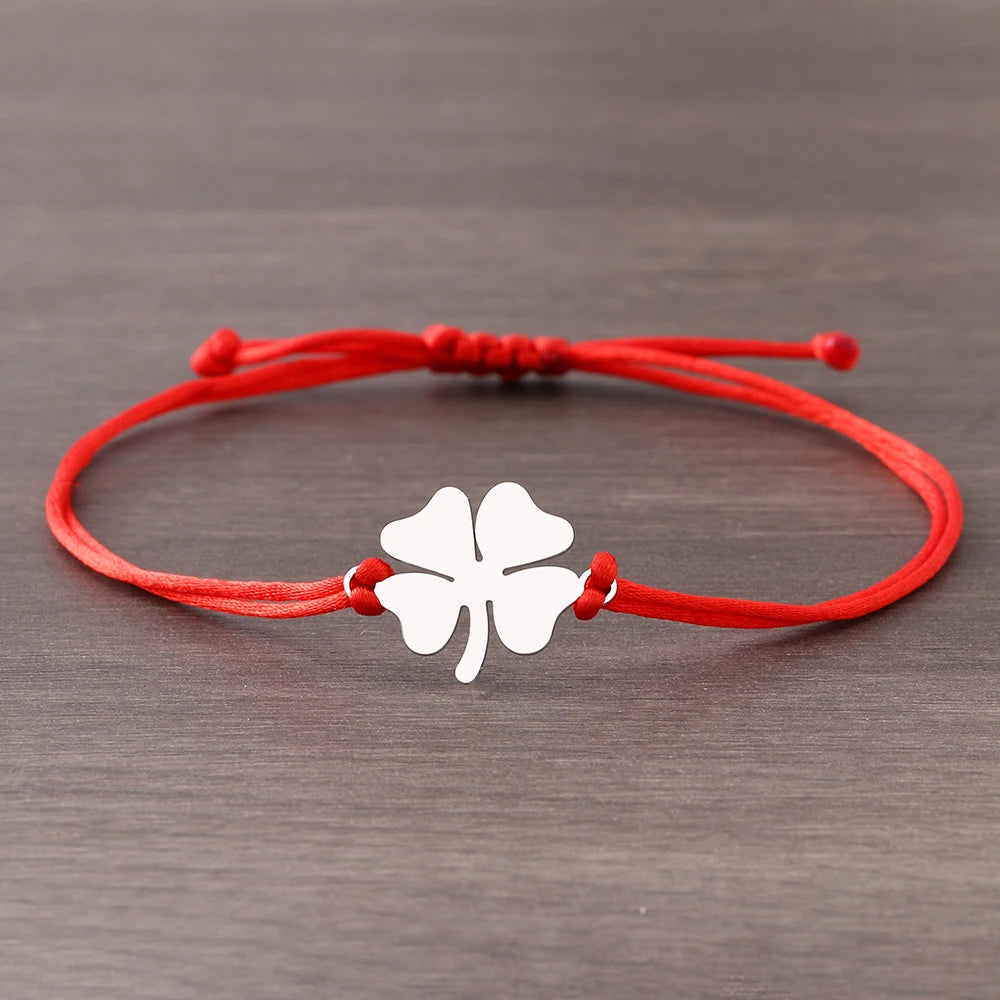 Seilarmband mit vierblättrigem Kleeblatt Glücksbringer rot und silber