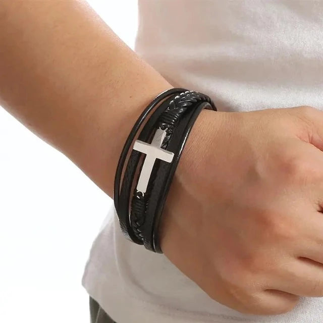 Lederarmband mit Kreuz für Herren 