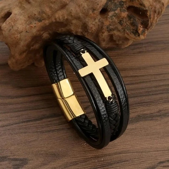 Lederarmband mit Kreuz für Herren 