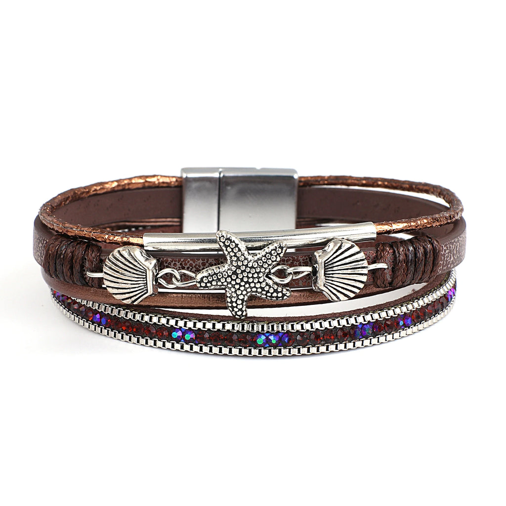 Armband aus Leder mit Muschel und Seestern in Braun