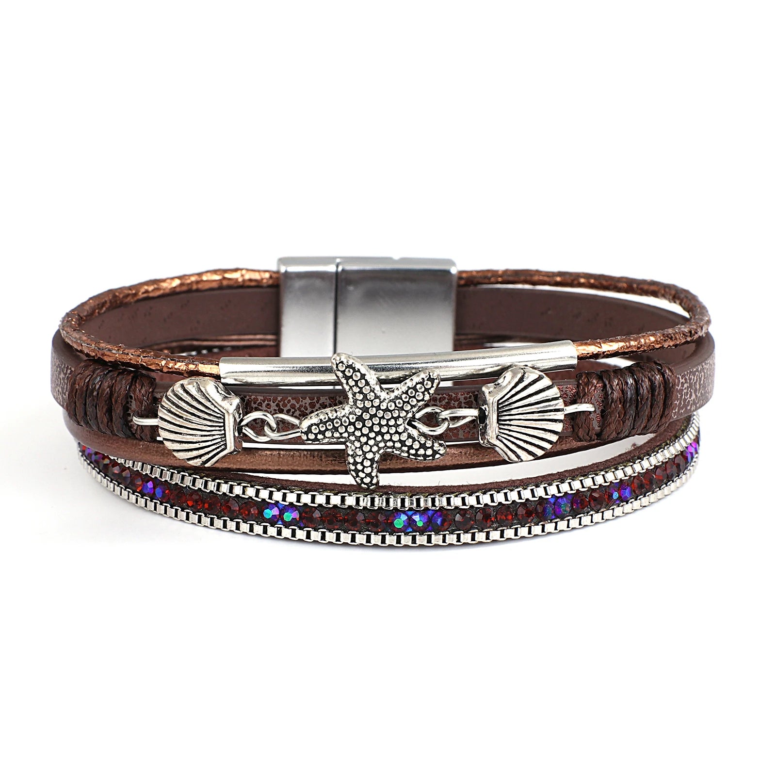 Armband aus Leder mit Muschel und Seestern in Braun