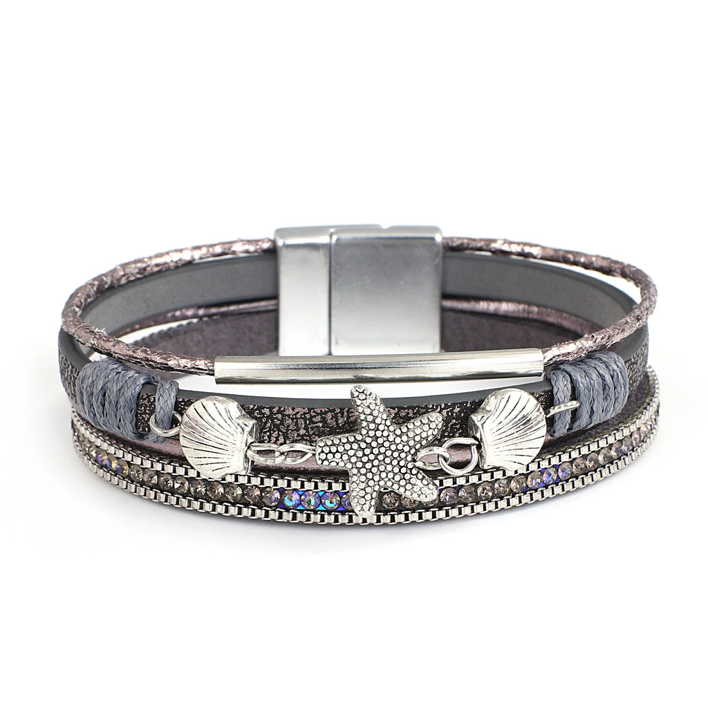 Armband aus Leder mit Muschel und Seestern in Grau