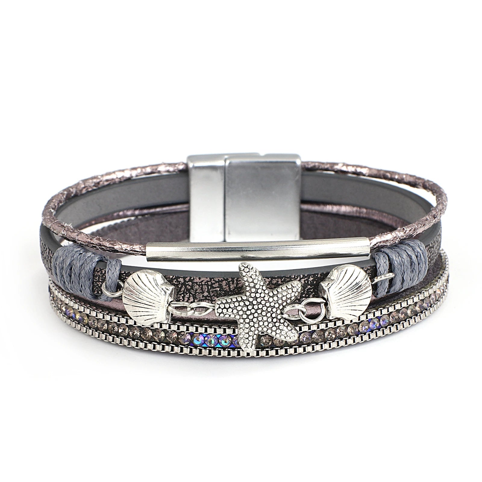 Armband aus Leder mit Muschel und Seestern in Grau