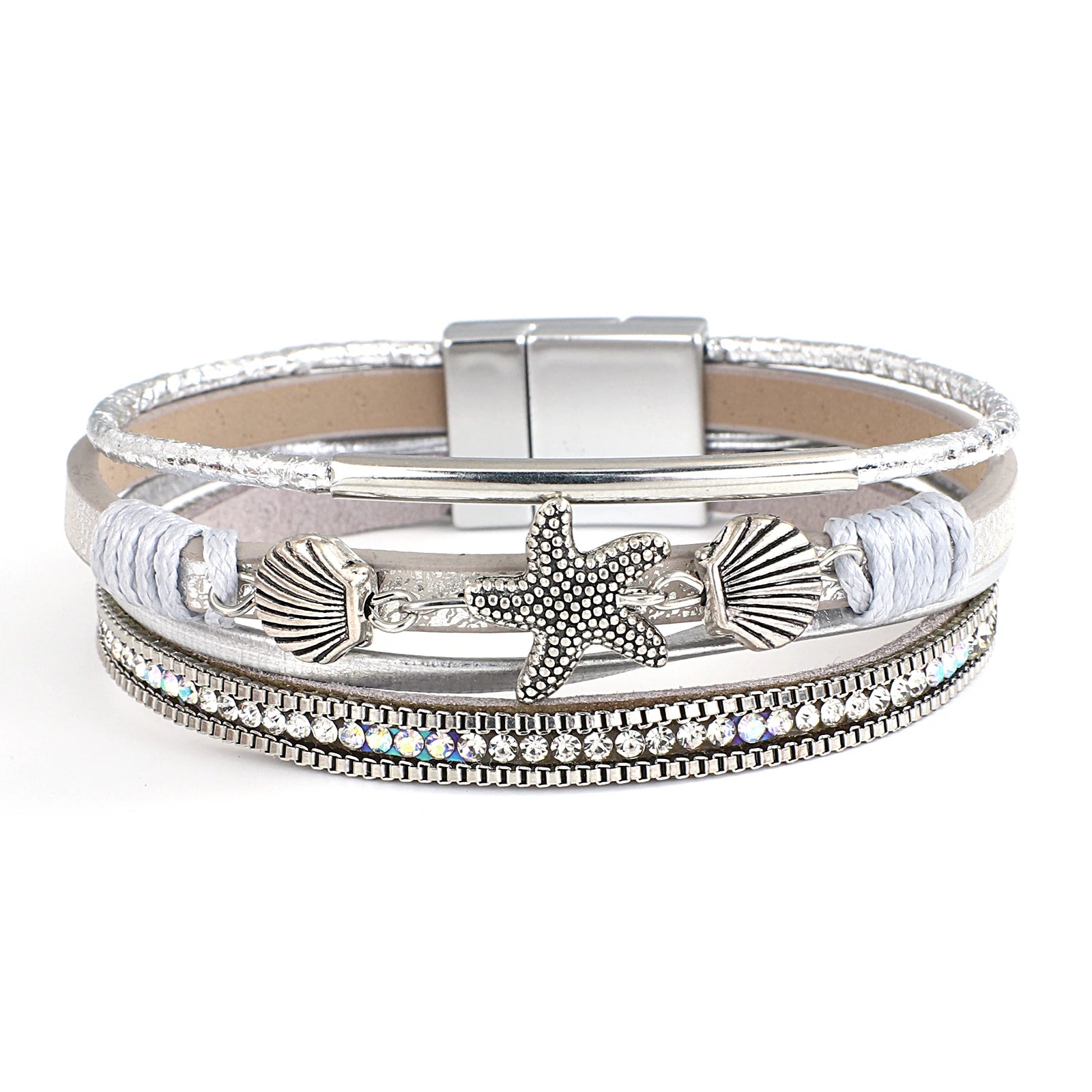 Armband aus Leder mit Muschel und Seestern in Silber