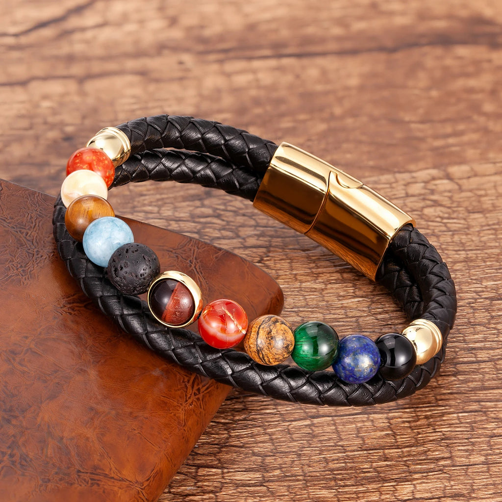Lederarmband mit 7 Chakra-Steinen für Herren und Damen in Gold Stil a