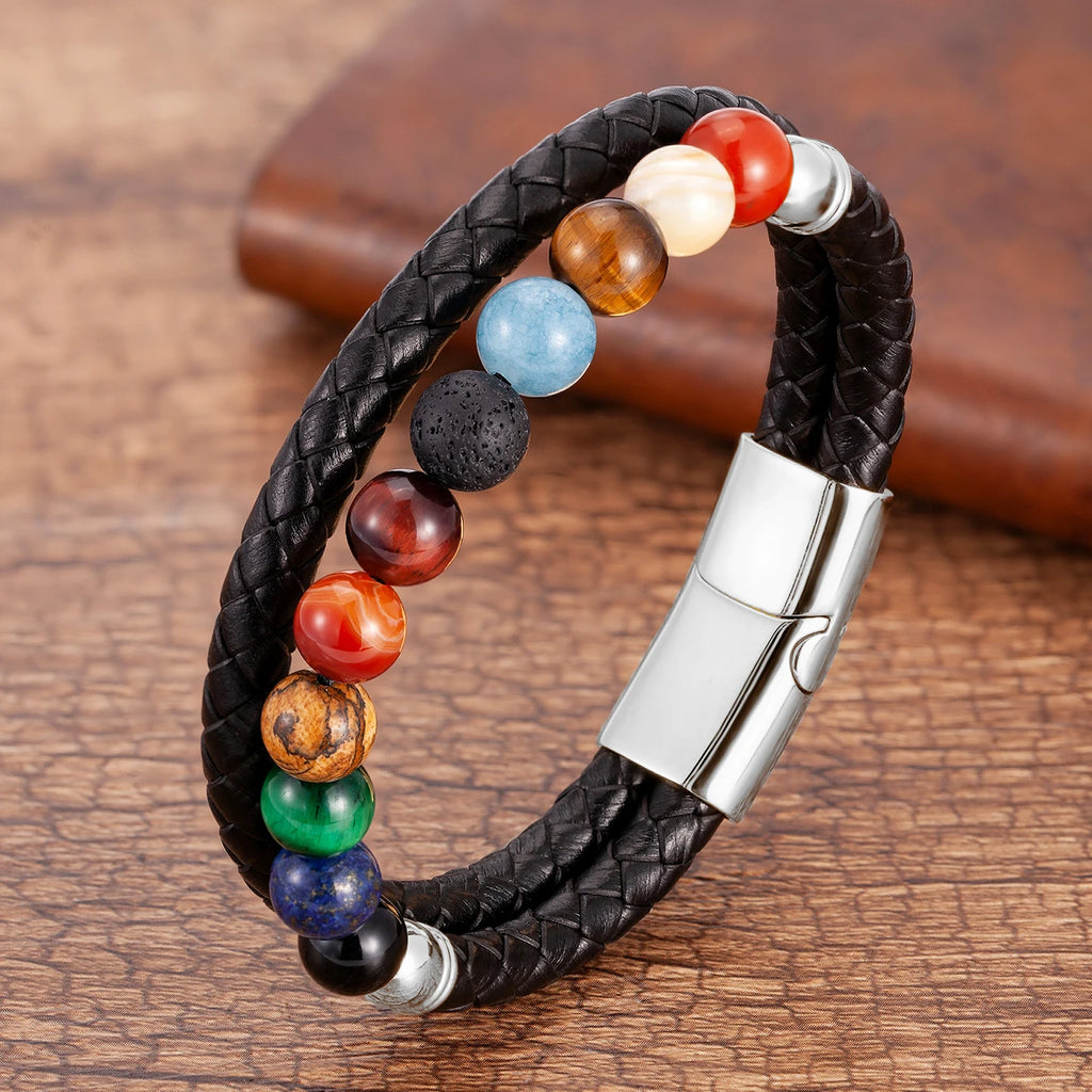 Lederarmband mit 7 Chakra-Steinen für Herren und Damen in Silber Stil b