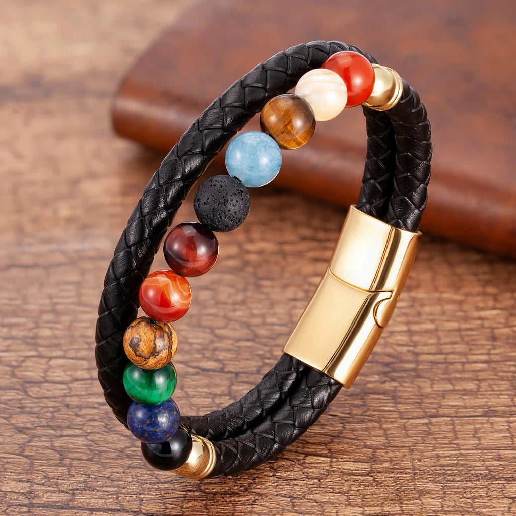 Lederarmband mit 7 Chakra-Steinen für Herren und Damen in Gold Stil b