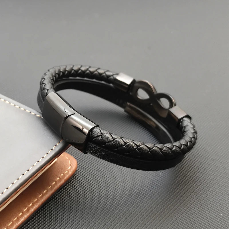 Bracciale in pelle intrecciata multigiro e simbolo infinito