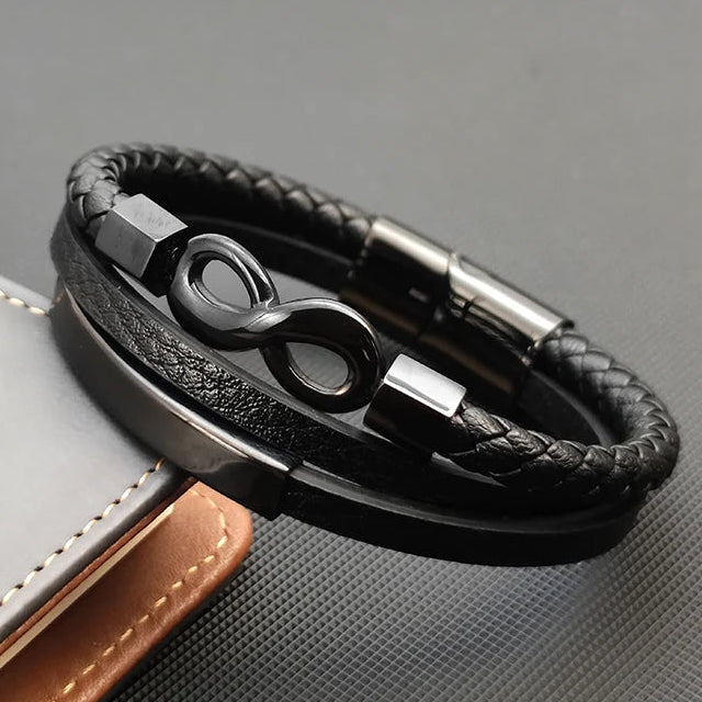 Bracciale in pelle intrecciata multigiro e simbolo infinito