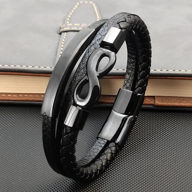 Bracciale in pelle intrecciata multigiro e simbolo infinito 