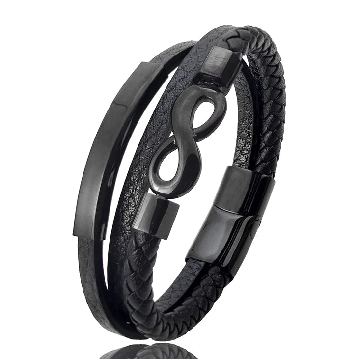 Bracciale in pelle intrecciata multigiro e simbolo infinito