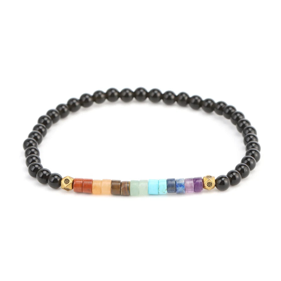 Armband aus natürlichen Steinen 7 Chakren Schwarzer Obsidian