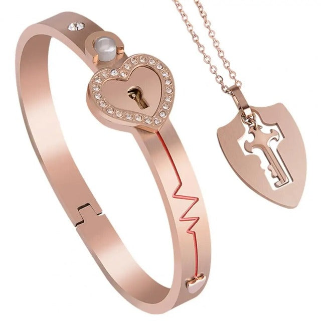 Armband und Halskette Herzschlüssel für Paare Roségold