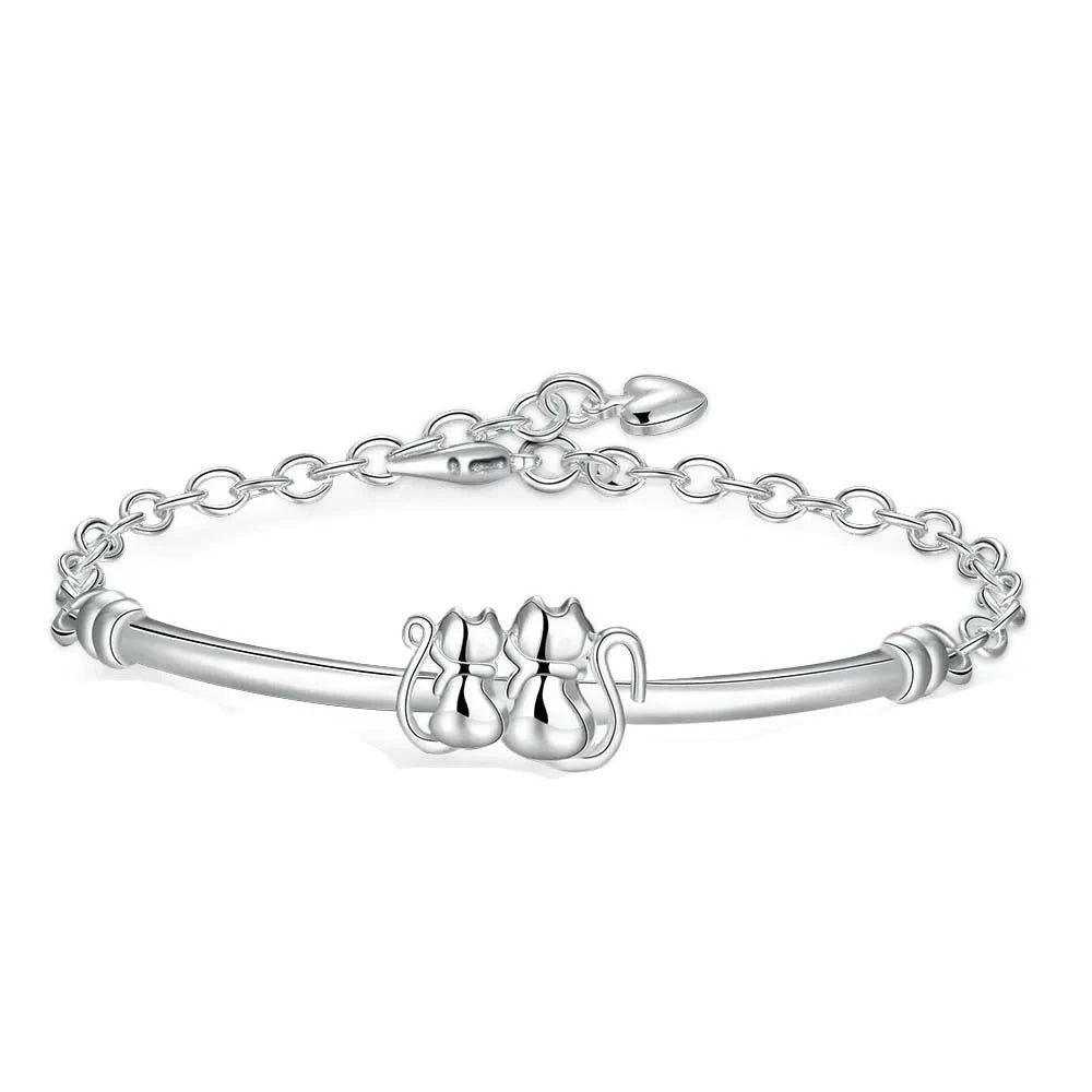Doppeltes Silberarmband mit Katzenmotiv