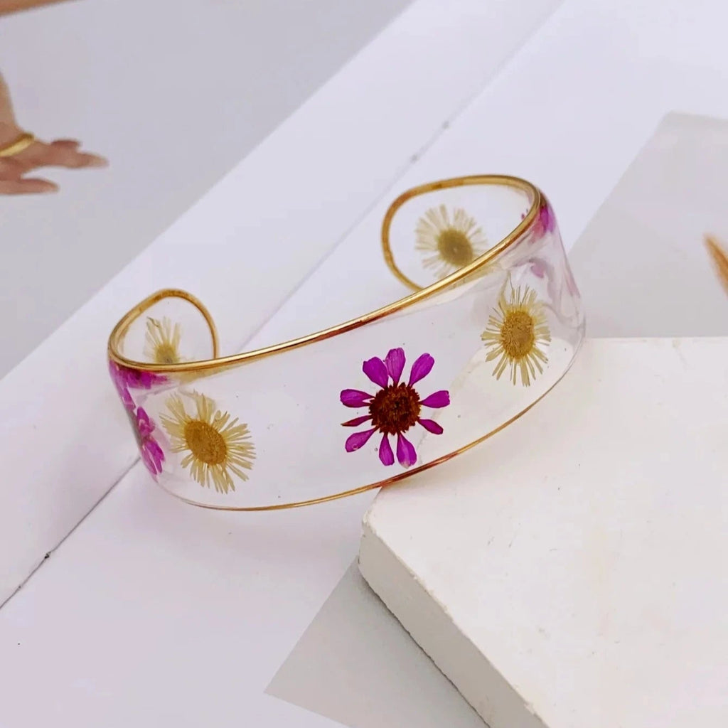 Armband Gourmette Blume aus transparentem rosa Harz b